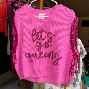 QUEEN OF SPARKLES NWOT Let’s Go Queens Pink Sweater Vest with Sequin Fringe